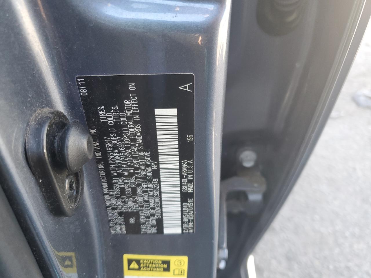 2012 Toyota Highlander VIN 5TDZK3EH6CS052249 Copart auction photo, front end damage thumbnail 12