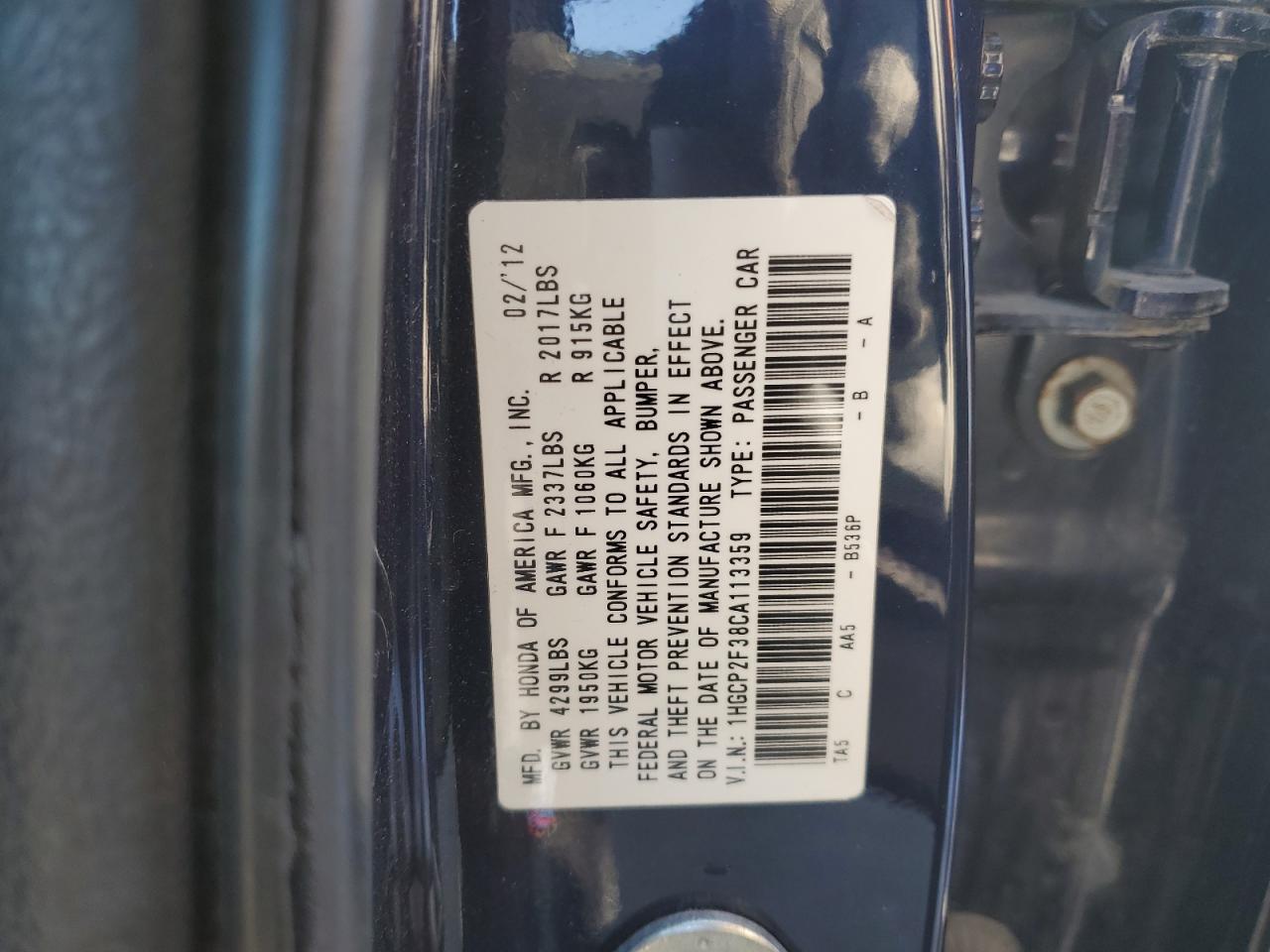 2012 Honda Accord VIN 1HGCP2F38CA113359 Copart auction photo, front end damage thumbnail 14