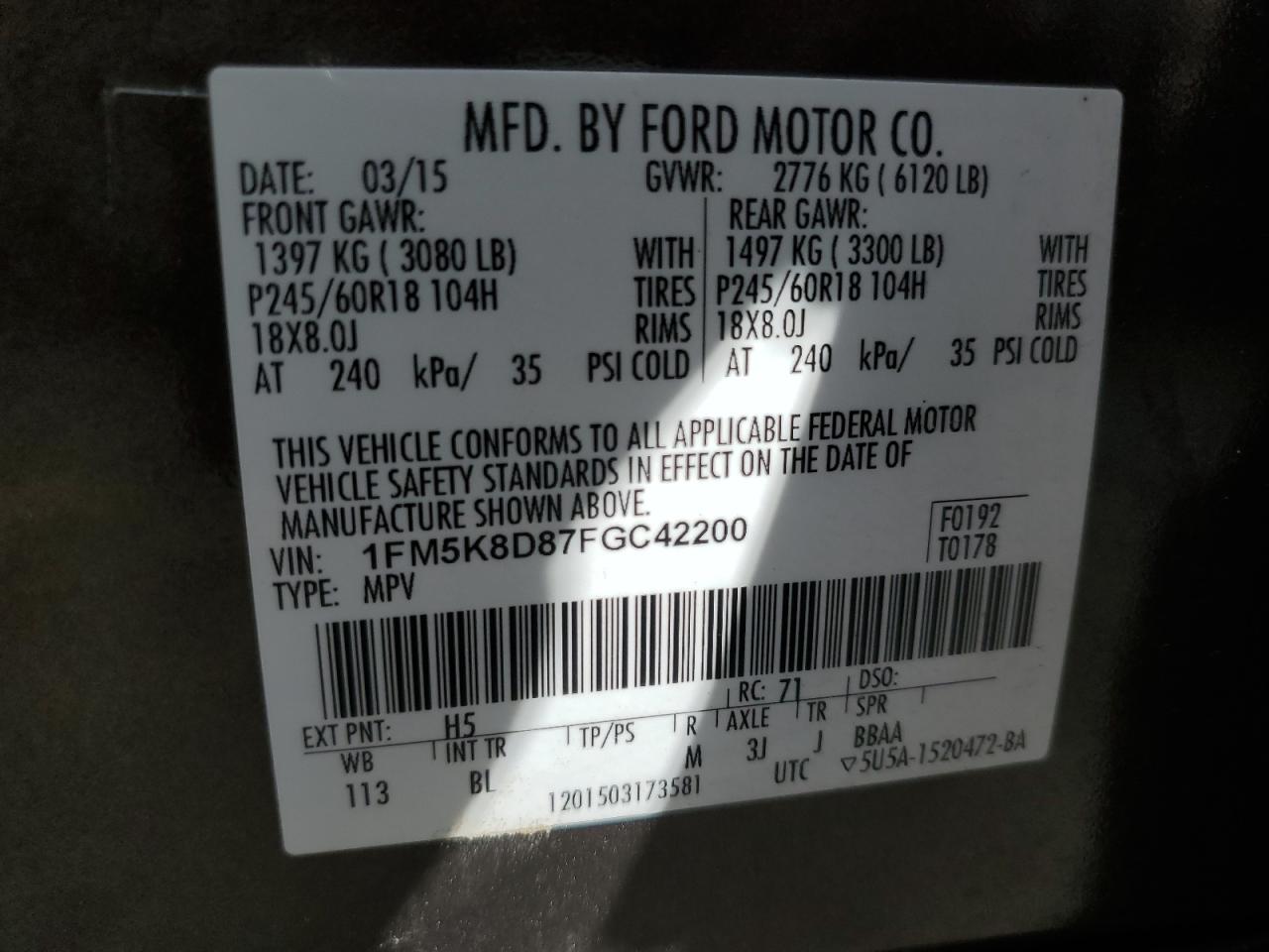 2015 Ford Explorer VIN 1FM5K8D87FGC42200 Copart auction photo, side damage thumbnail 13