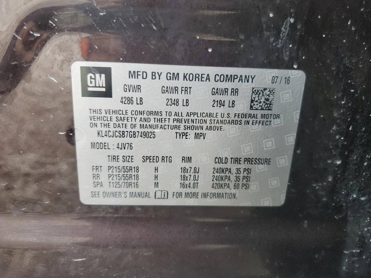 2016 Buick Encore VIN KL4CJCSB7GB749025 Copart auction photo, front end / minor dent/scratches damage thumbnail 14
