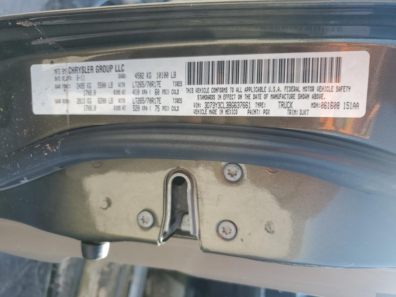 2011 Dodge RAM VIN 3D73Y3CL3BG637661 Copart auction photo, water/flood damage thumbnail 14