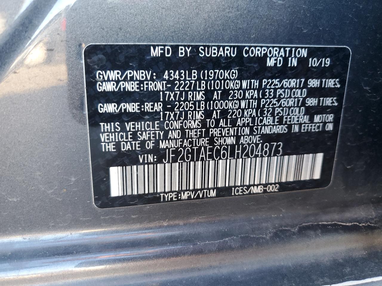 2020 Subaru XV VIN JF2GTAEC6LH204873 Copart auction photo, front end damage thumbnail 12
