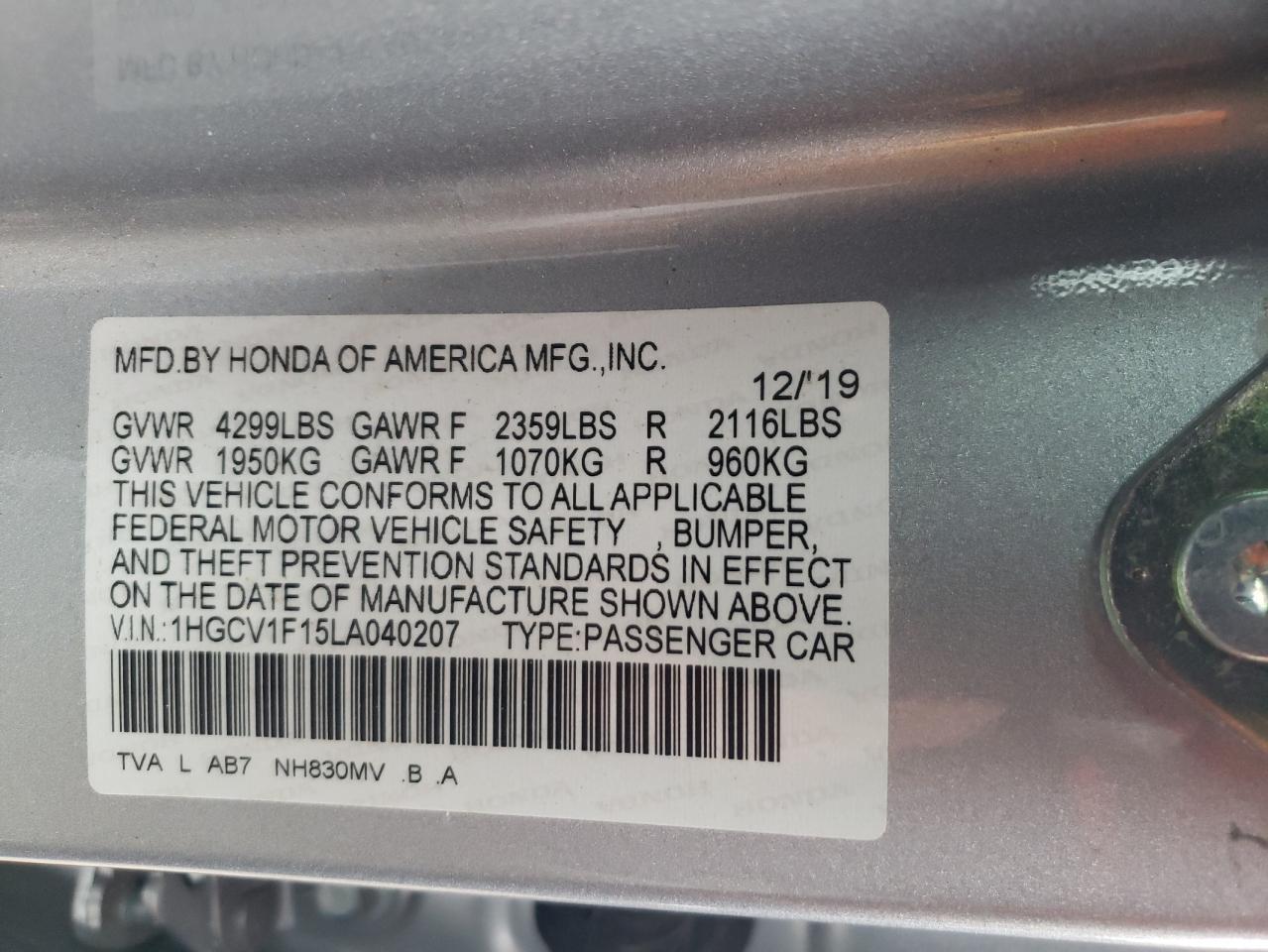 2020 Honda Accord VIN 1HGCV1F15LA040207 Copart auction photo, front end / minor dent/scratches damage thumbnail 12