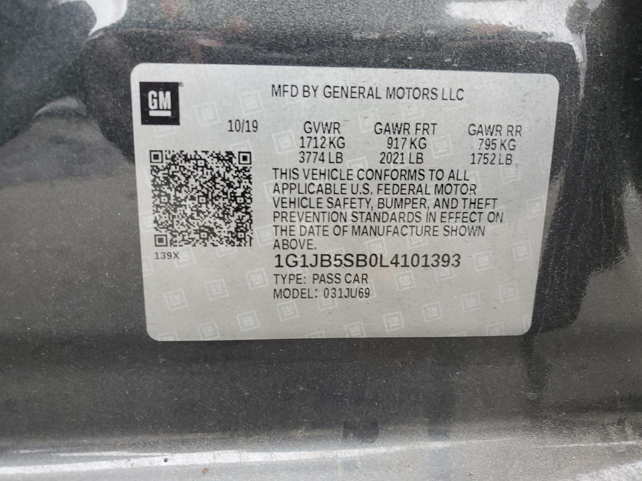 2020 Chevrolet Sonic VIN 1G1JB5SB0L4101393 Copart auction photo, front end damage thumbnail 13