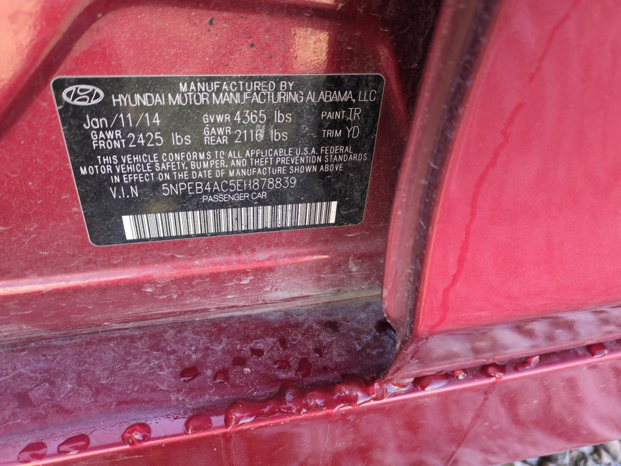 2014 Hyundai Sonata VIN 5NPEB4AC5EH878839 Copart auction photo, front end damage thumbnail 12