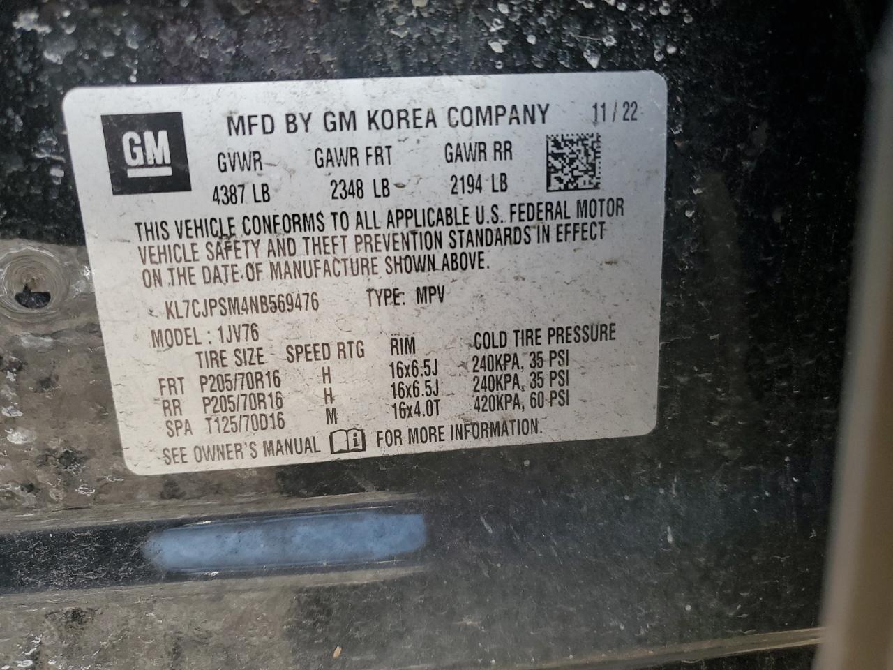 2022 Chevrolet Trax VIN KL7CJPSM4NB569476 Copart auction photo, all over damage thumbnail 14