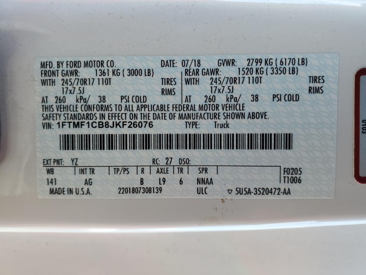 2018 Ford F-150 VIN 1FTMF1CB8JKF26076 Copart auction photo, front end / undercarriage damage thumbnail 14