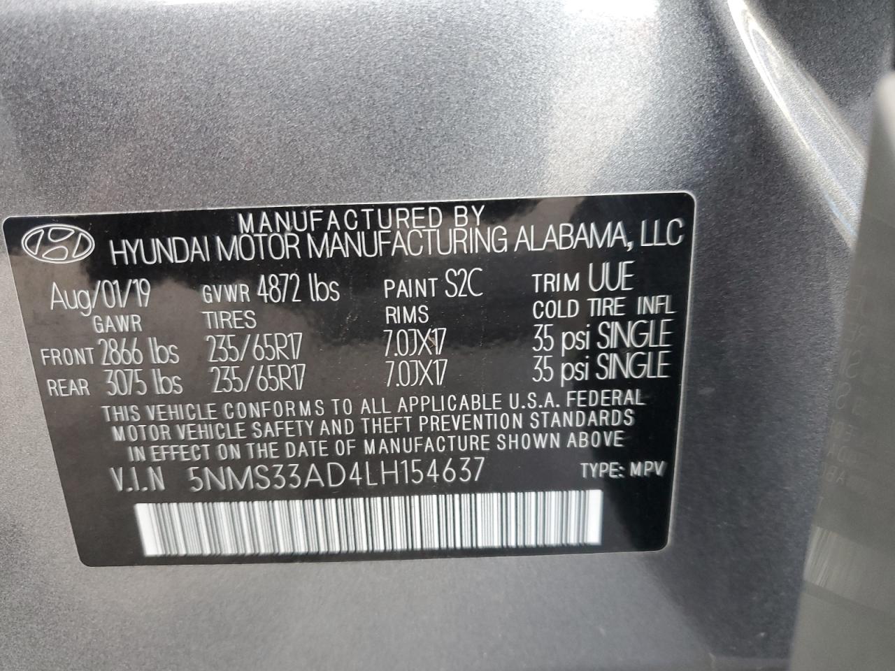 2020 Hyundai Santa Fe VIN 5NMS33AD4LH154637 Copart auction photo, undercarriage damage thumbnail 15
