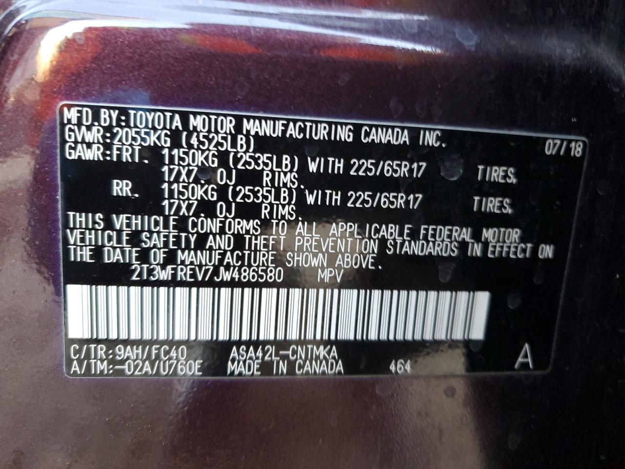 2018 Toyota RAV 4 VIN 2T3WFREV7JW486580 Copart auction photo, rear end damage thumbnail 15