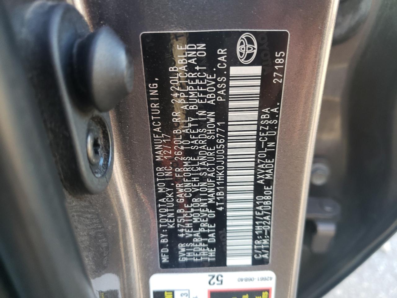 2018 Toyota Camry VIN 4T1B11HK0JU056771 Copart auction photo, front end / side damage thumbnail 12