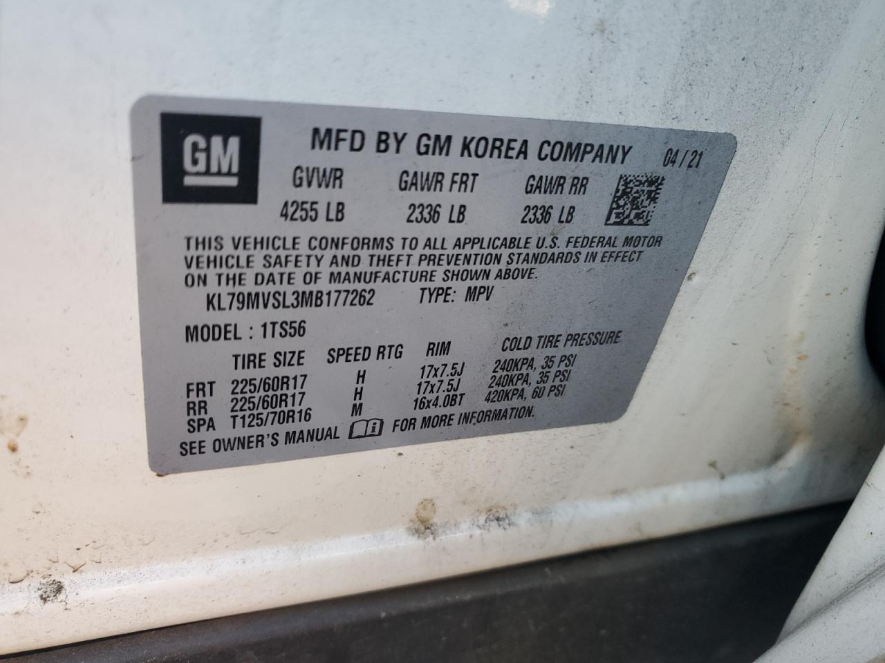 2021 Chevrolet TrailBlazer VIN KL79MVSL3MB177262 Copart auction photo, side / rear end damage thumbnail 14