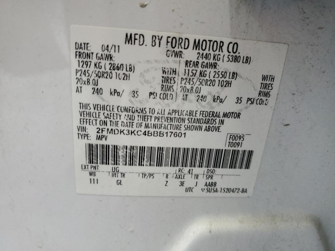 2011 Ford Edge VIN 2FMDK3KC4BBB17601 Copart auction photo, side damage thumbnail 12