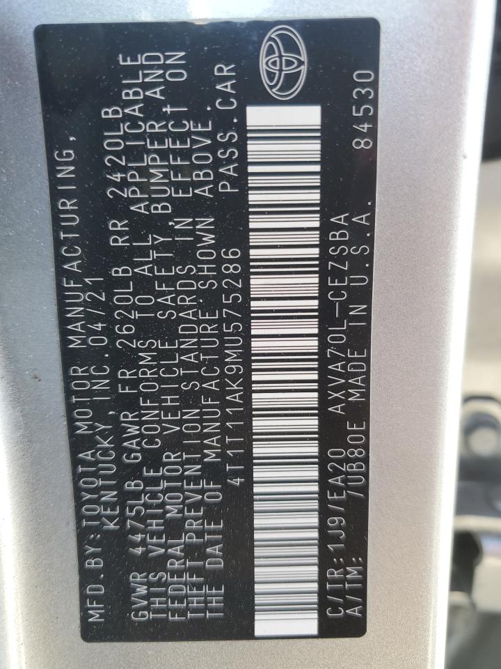 2021 Toyota Camry VIN 4T1T11AK9MU575286 Copart auction photo, frame damage / all over damage thumbnail 13