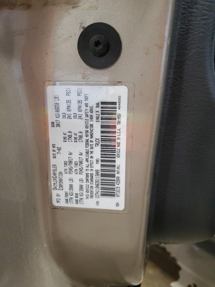 2003 Dodge RAM VIN 1D7HU18N63S113009 Copart auction photo, front end / side damage thumbnail 13