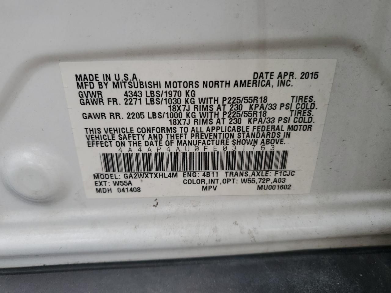 2015 Mitsubishi Outlander VIN 4A4AP4AU0FE031763 Copart auction photo, rear end / front end damage thumbnail 13