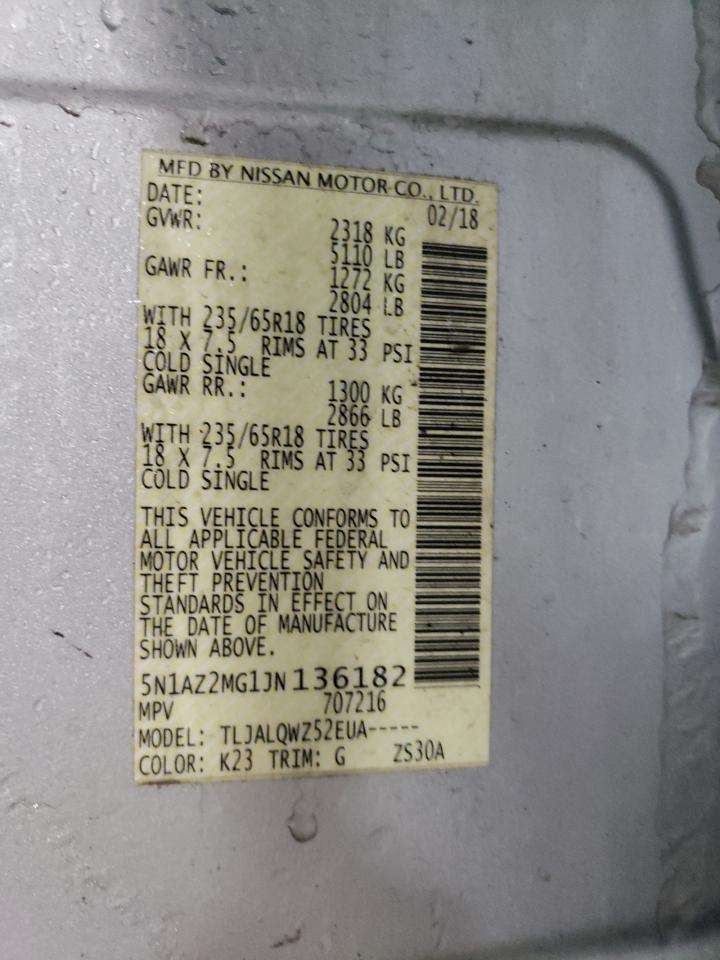 2018 Nissan Murano VIN 5N1AZ2MG1JN136182 Copart auction photo, side / rear end damage thumbnail 12