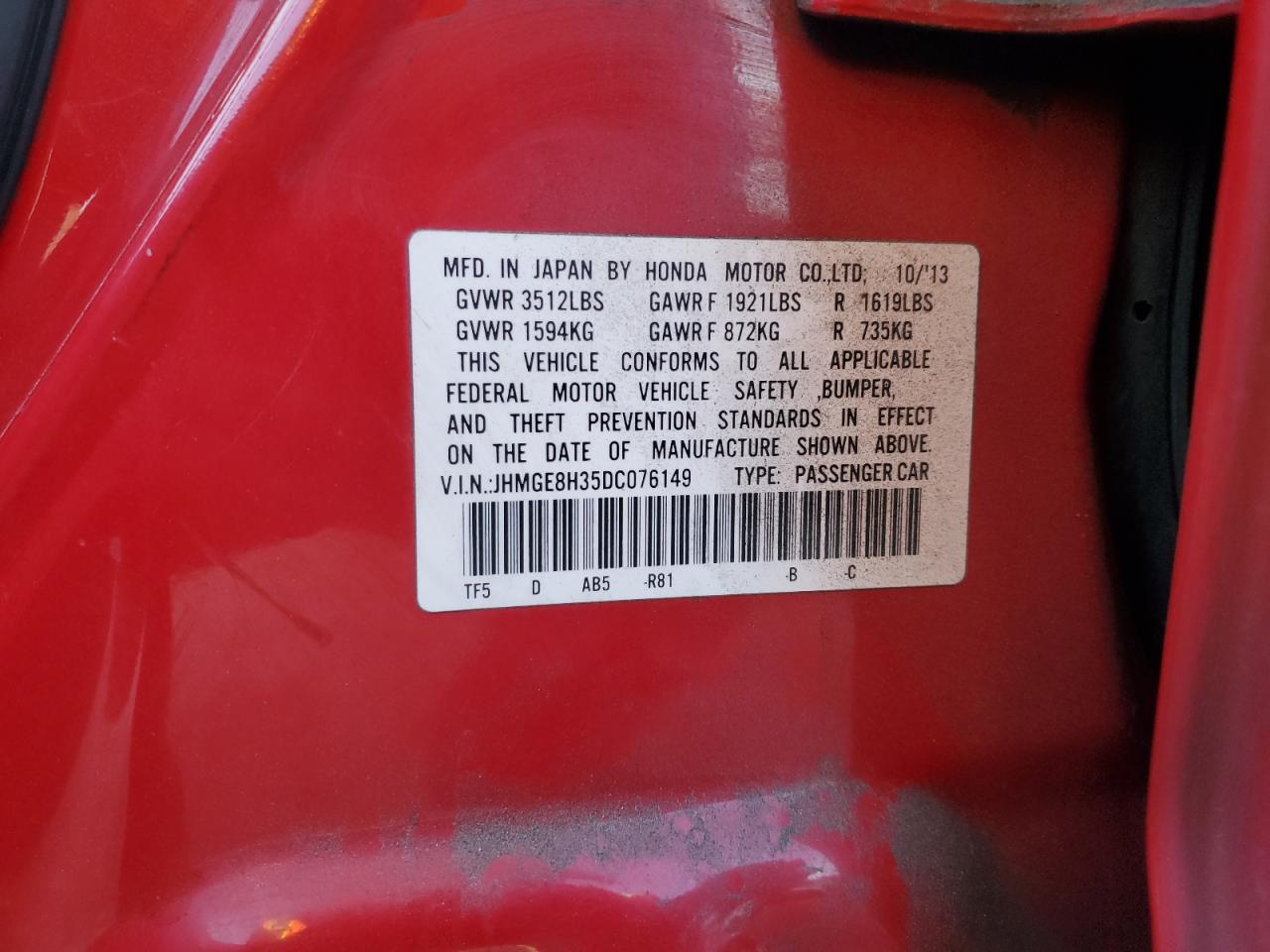 2013 Honda Fit VIN JHMGE8H35DC076149 Copart auction photo, front end damage thumbnail 14