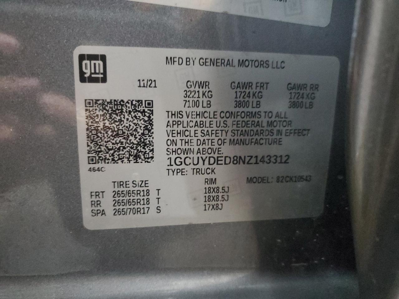 2022 Chevrolet Silverado VIN 1GCUYDED8NZ143312 Copart auction photo, side / front end damage thumbnail 13