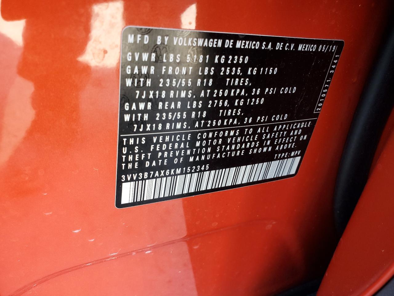 2019 Volkswagen Tiguan VIN 3VV3B7AX6KM152345 Copart auction photo, all over damage thumbnail 13