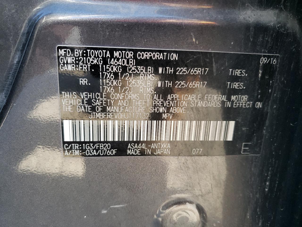2017 Toyota RAV 4 VIN JTMBFREV0HJ117132 Copart auction photo, front end / side damage thumbnail 14