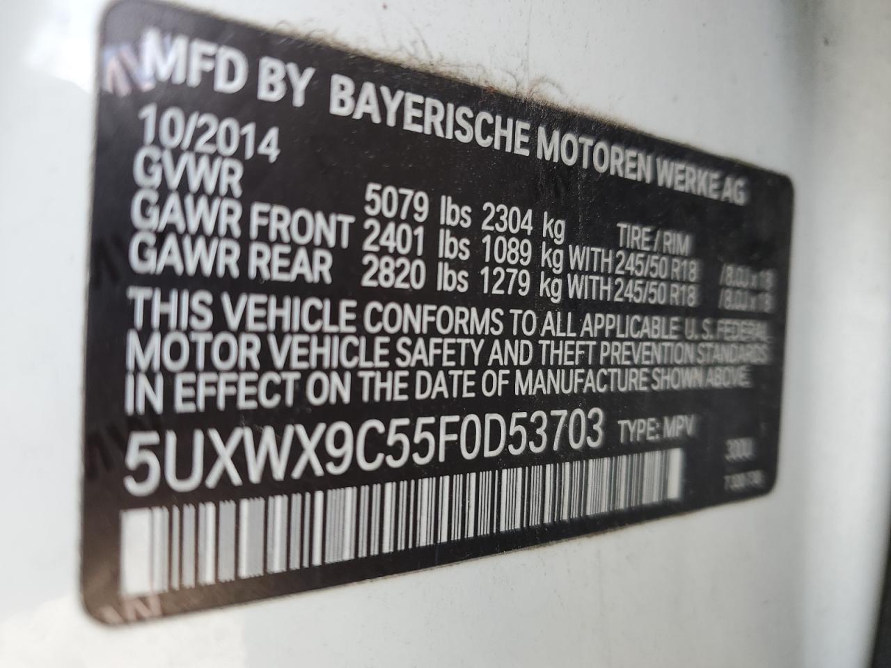 2015 BMW X3 VIN 5UXWX9C55F0D53703 Copart auction photo, top/roof damage thumbnail 13
