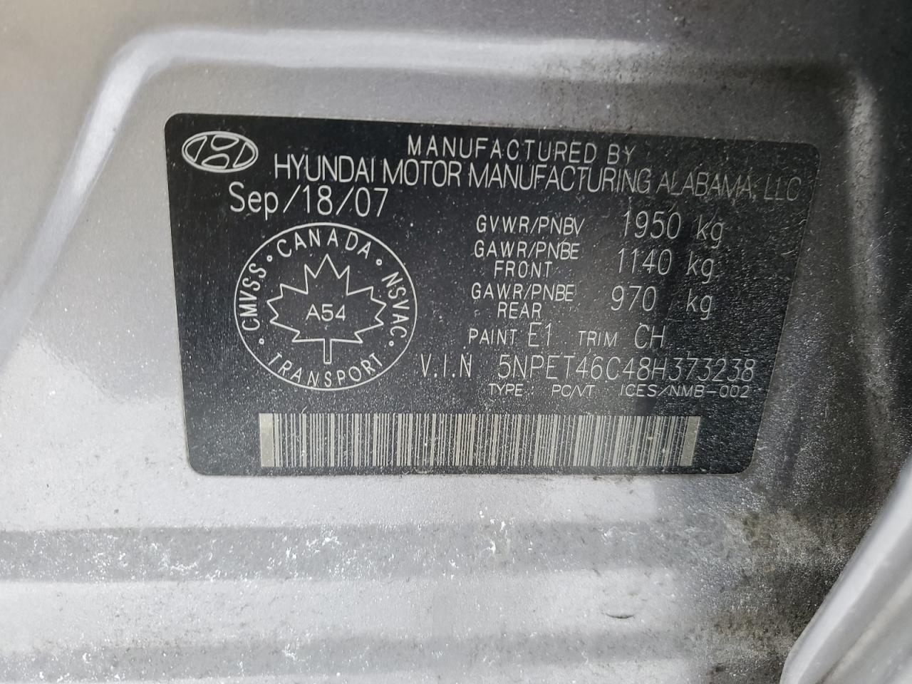 2008 Hyundai Sonata VIN 5NPET46C48H373238 Copart auction photo, side / undercarriage damage thumbnail 12