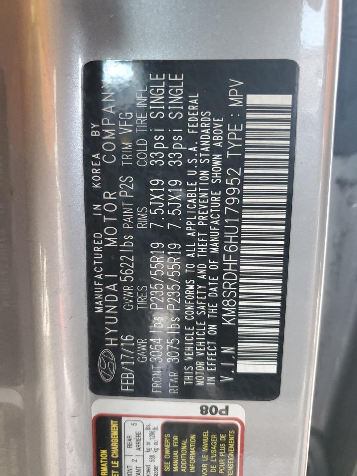 2017 Hyundai Santa Fe VIN KM8SRDHF6HU179952 Copart auction photo, mechanical damage thumbnail 13