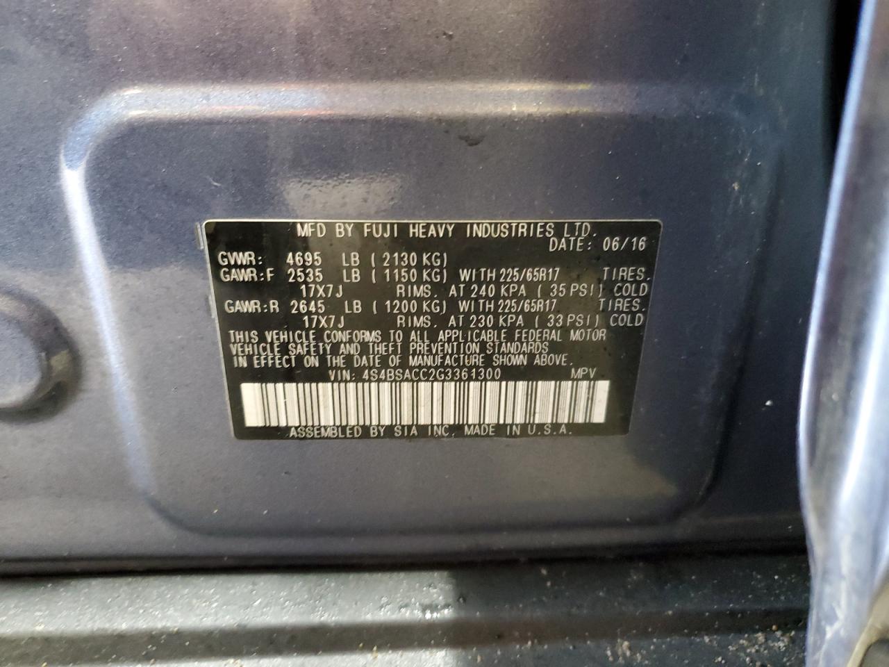 2016 Subaru Outback VIN 4S4BSACC2G3361300 Copart auction photo, front end damage thumbnail 16