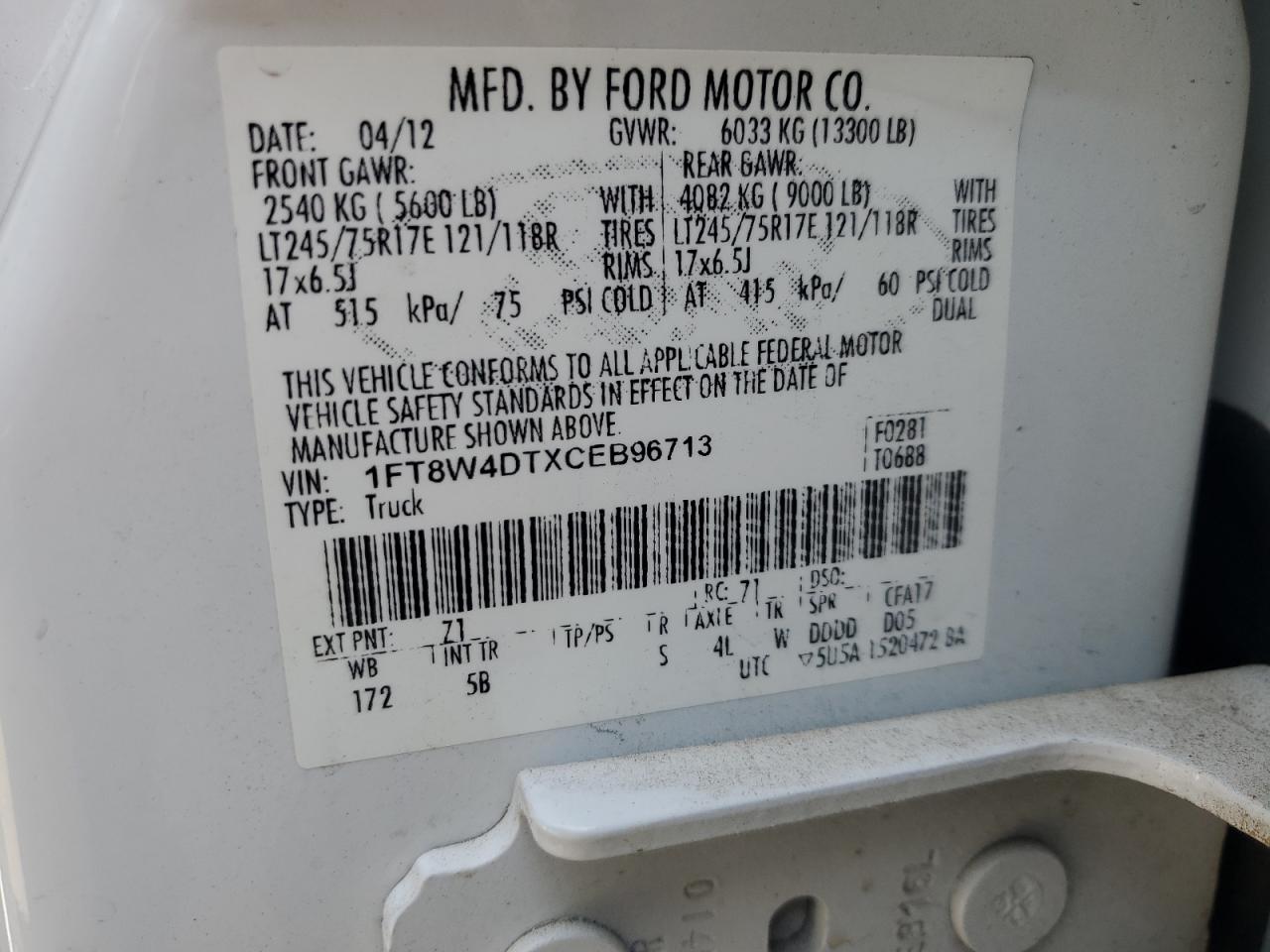 2012 Ford F450 VIN 1FT8W4DTXCEB96713 Copart auction photo, front end damage thumbnail 12