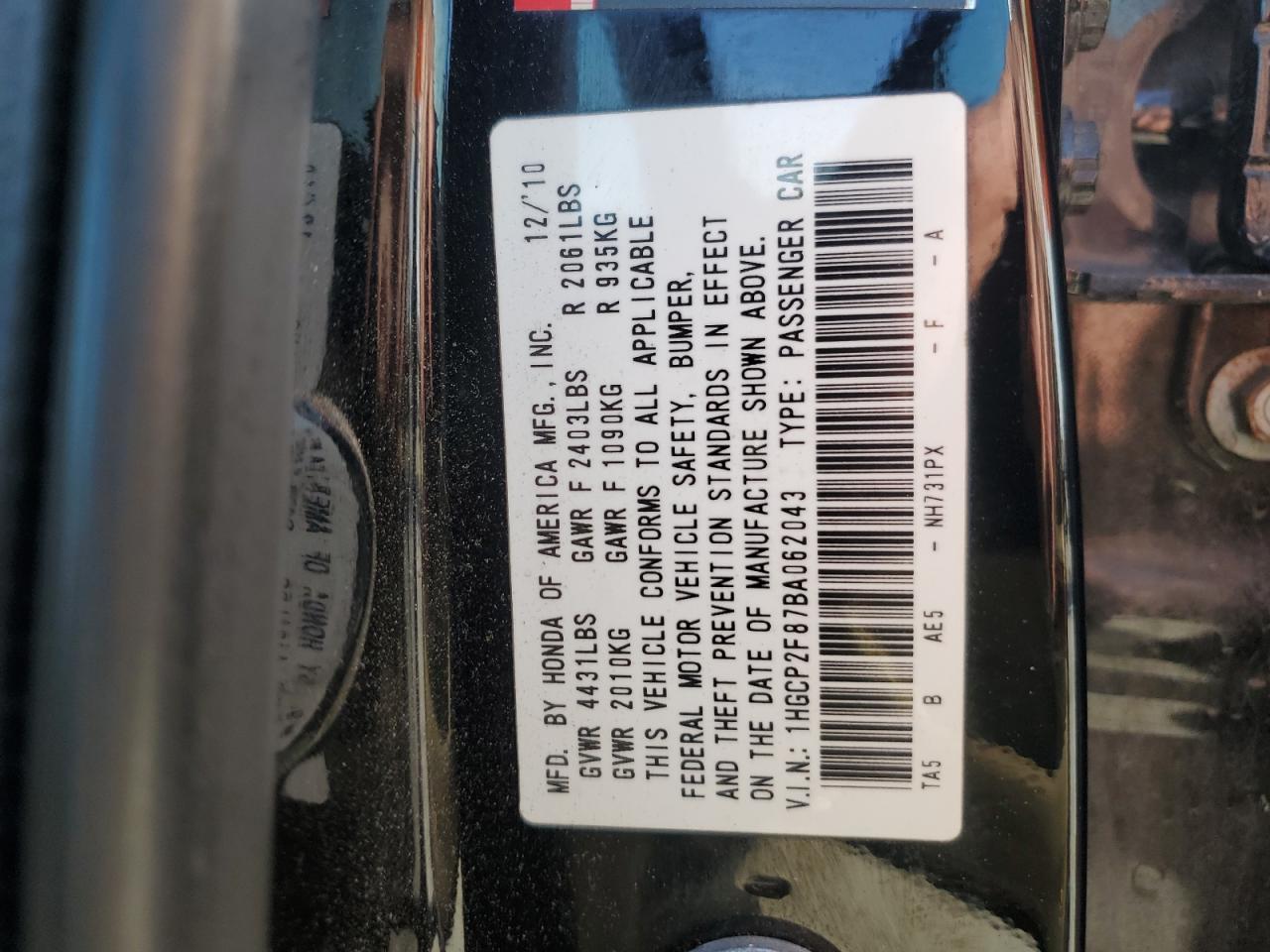 2011 Honda Accord VIN 1HGCP2F87BA062043 Copart auction photo, front end damage thumbnail 13