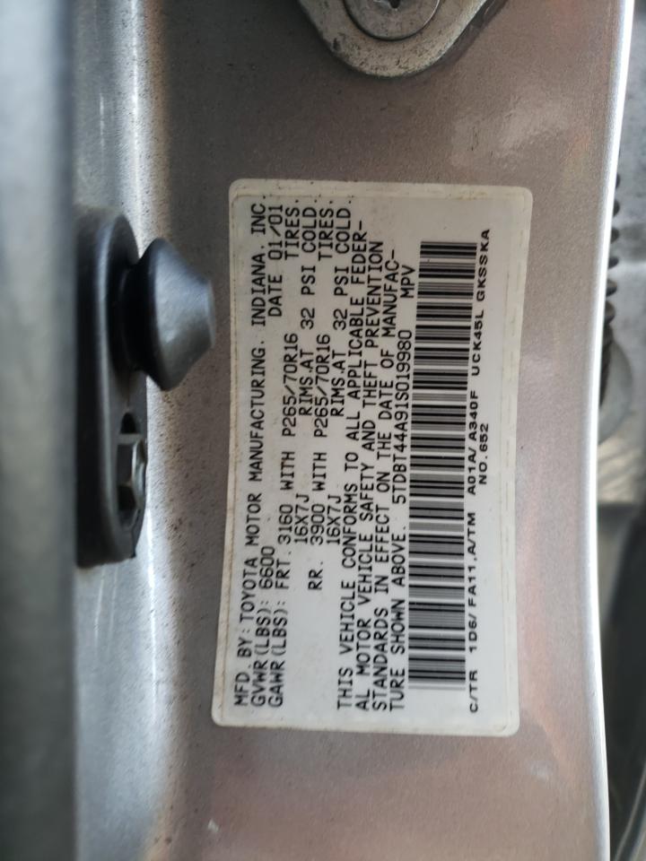 2001 Toyota Sequoia VIN 5TDBT44A91S019980 Copart auction photo, front end / rear end damage thumbnail 13