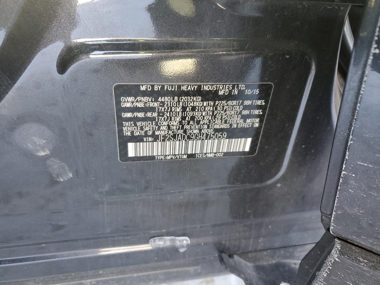 2016 Subaru Forester VIN JF2SJADC9GH475059 Copart auction photo, front end damage thumbnail 14
