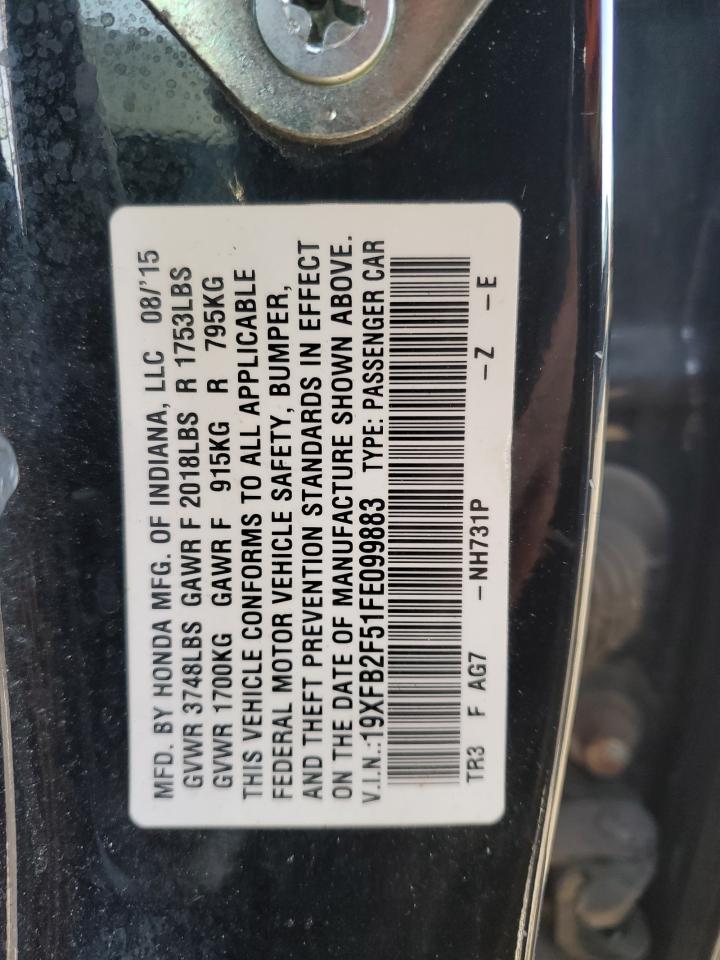 2015 Honda Civic VIN 19XFB2F51FE099883 Copart auction photo, front end damage thumbnail 15