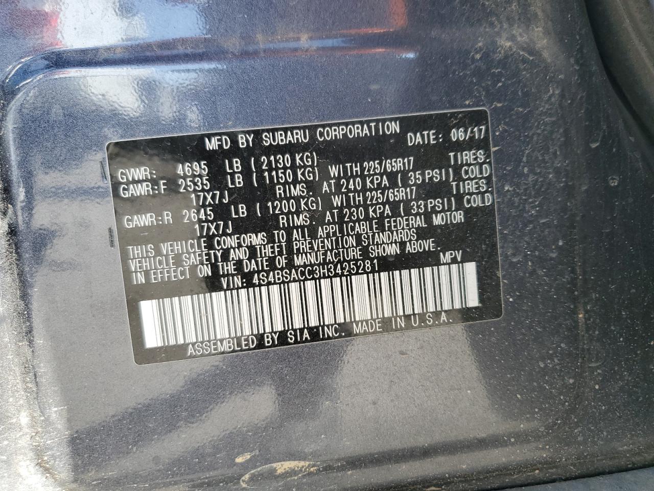 2017 Subaru Outback VIN 4S4BSACC3H3425281 Copart auction photo, biohazard/chemical / vandalism damage thumbnail 12
