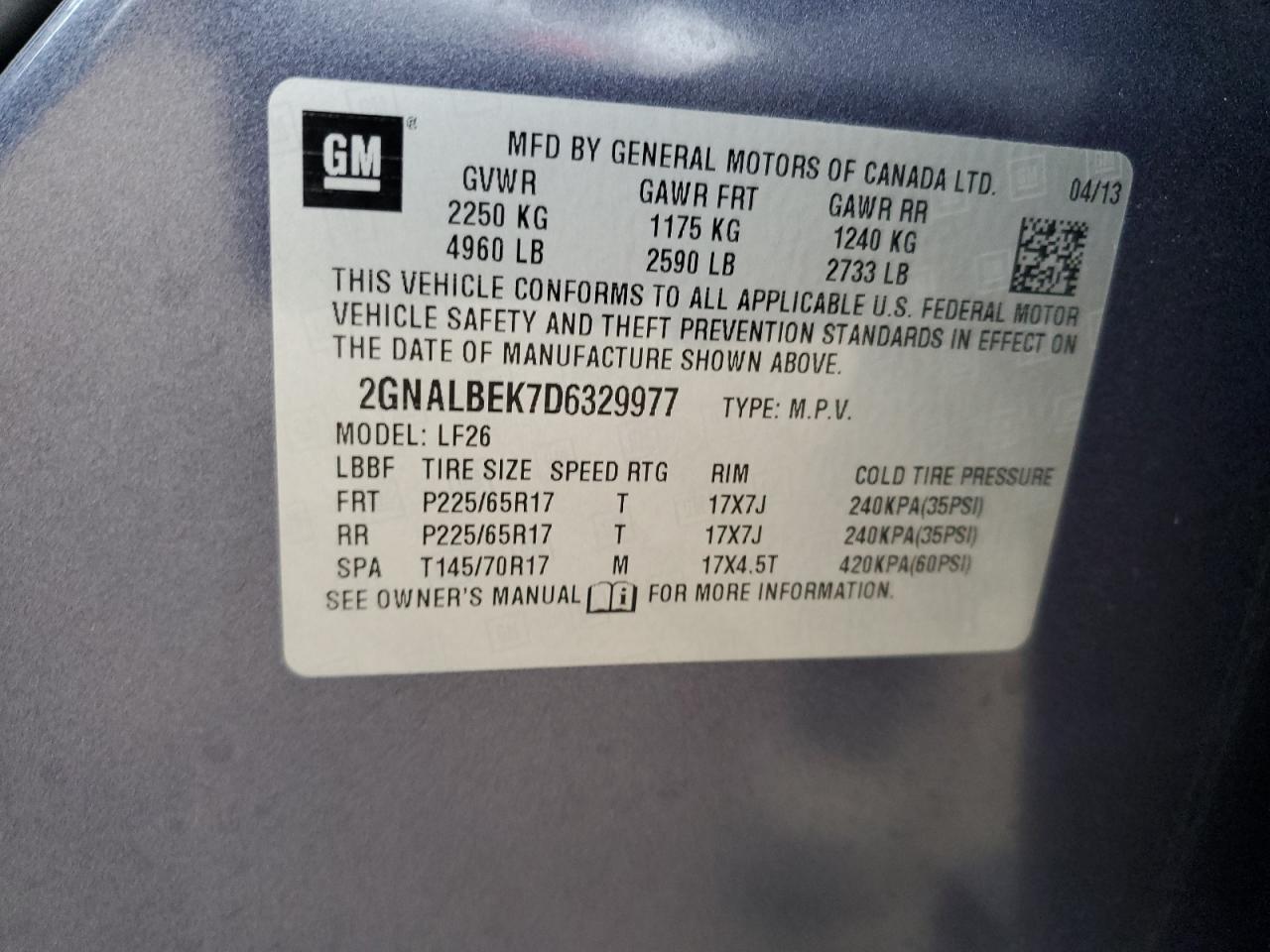 2013 Chevrolet Equinox VIN 2GNALBEK7D6329977 Copart auction photo, minor dent/scratches damage thumbnail 13