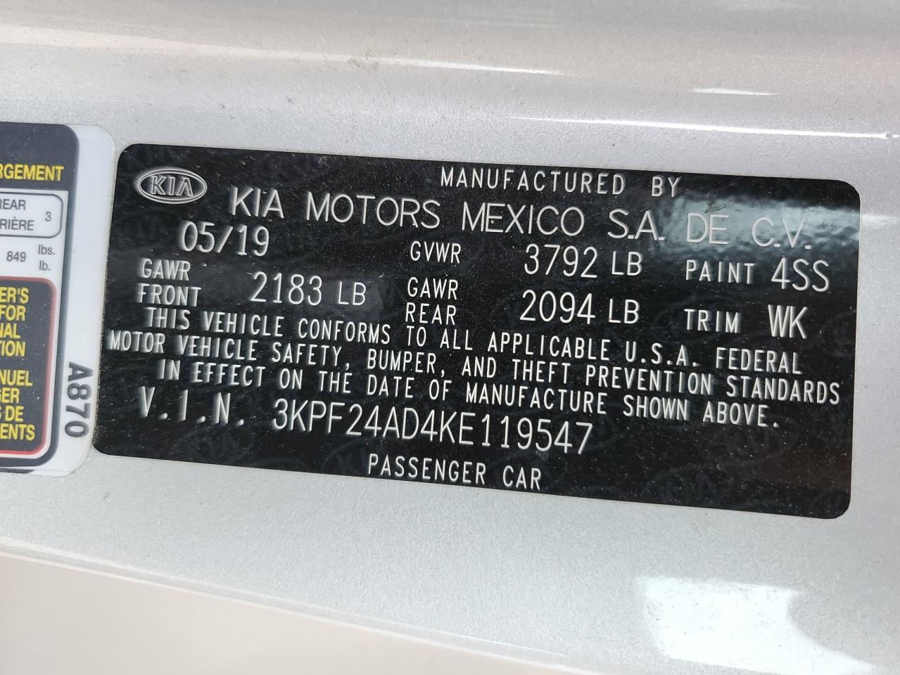 2019 KIA Forte VIN 3KPF24AD4KE119547 Copart auction photo, all over damage thumbnail 14