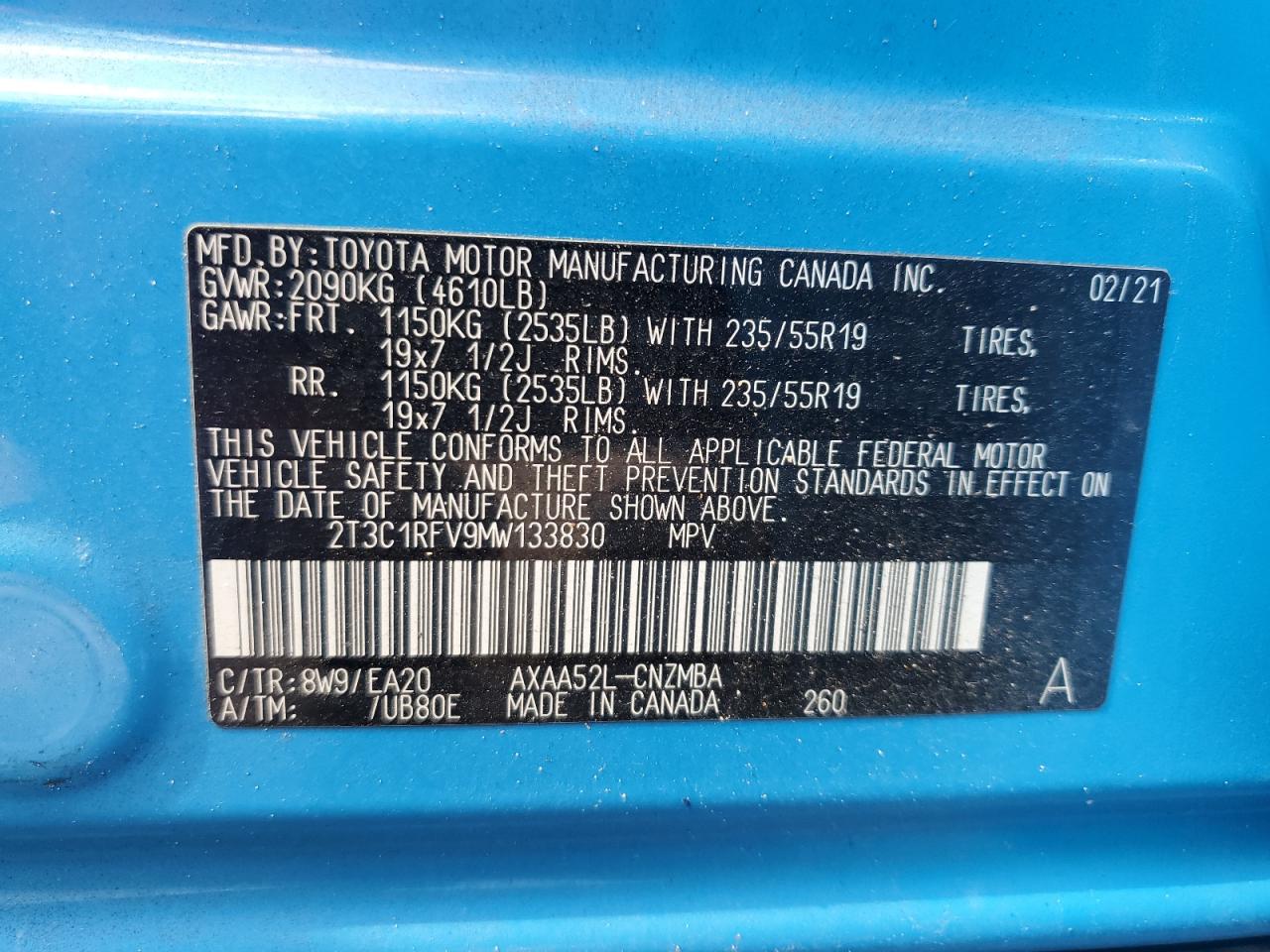 2021 Toyota RAV 4 VIN 2T3C1RFV9MW133830 Copart auction photo, side / rear end damage thumbnail 14