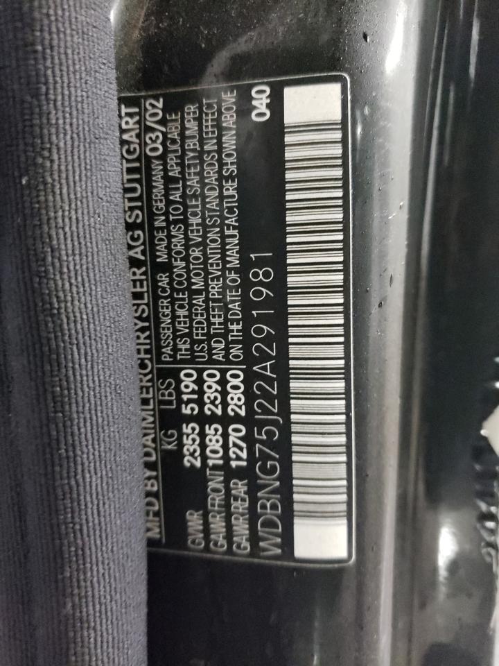2002 Mercedes-Benz S-klasse VIN WDBNG75J22A291981 Copart auction photo, all over damage thumbnail 12