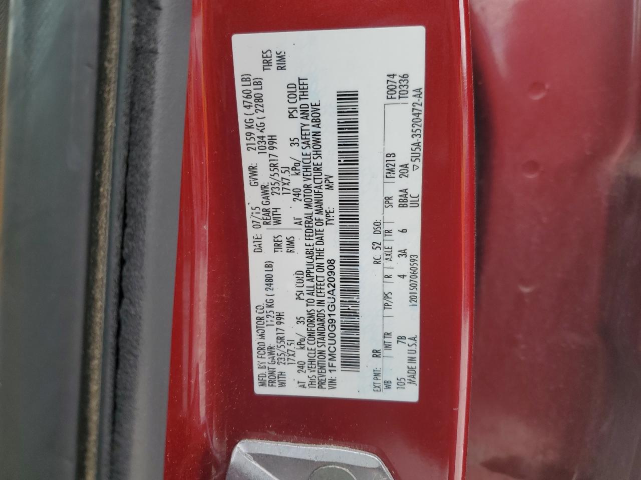 2016 Ford Escape VIN 1FMCU0G91GUA20908 Copart auction photo, front end / side damage thumbnail 15