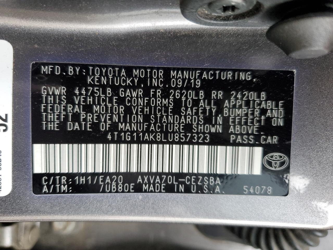 2020 Toyota Camry VIN 4T1G11AK8LU857323 Copart auction photo, rear end / front end damage thumbnail 14