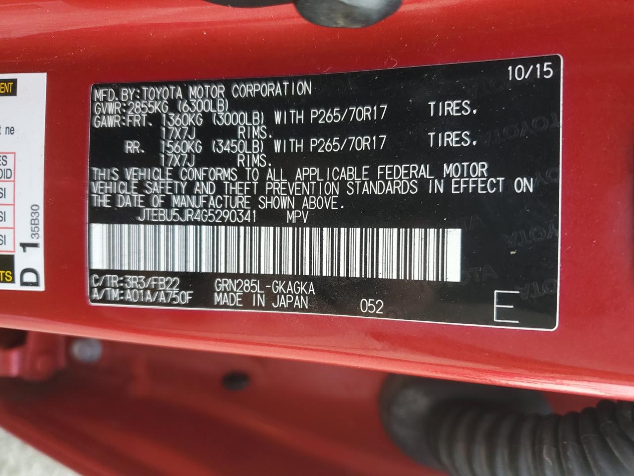 2016 Toyota 4Runner VIN JTEBU5JR4G5290341 Copart auction photo, side damage thumbnail 15