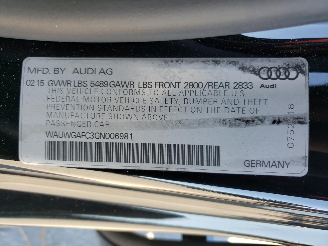 2016 Audi A7 VIN WAUWGAFC3GN006981 Copart auction photo, front end damage thumbnail 14
