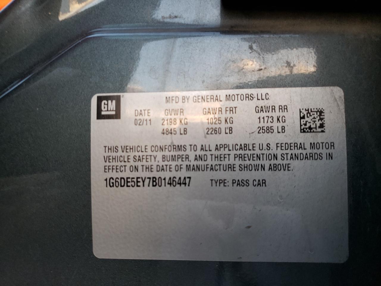 2011 Cadillac CTS VIN 1G6DE5EY7B0146447 Copart auction photo, side / front end damage thumbnail 12