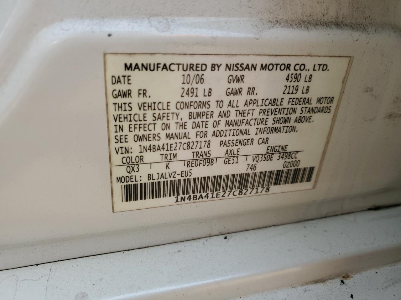 2007 Nissan Maxima VIN 1N4BA41E27C827178 Copart auction photo, front end damage thumbnail 15