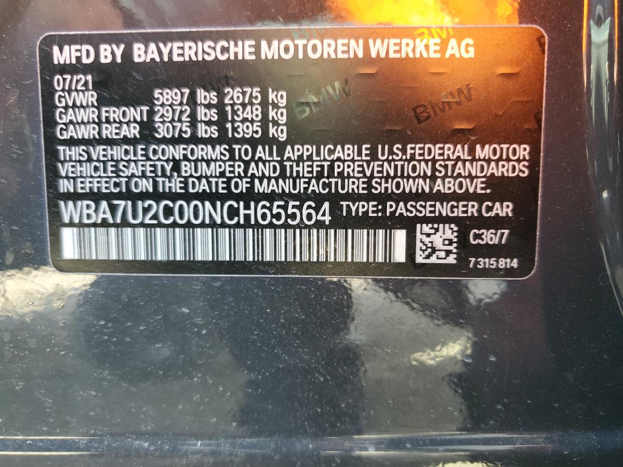 2022 BMW 7er VIN WBA7U2C00NCH65564 Copart auction photo, front end damage thumbnail 12