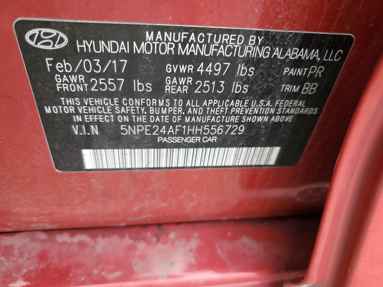 2017 Hyundai Sonata VIN 5NPE24AF1HH556729 Copart auction photo, front end damage thumbnail 13