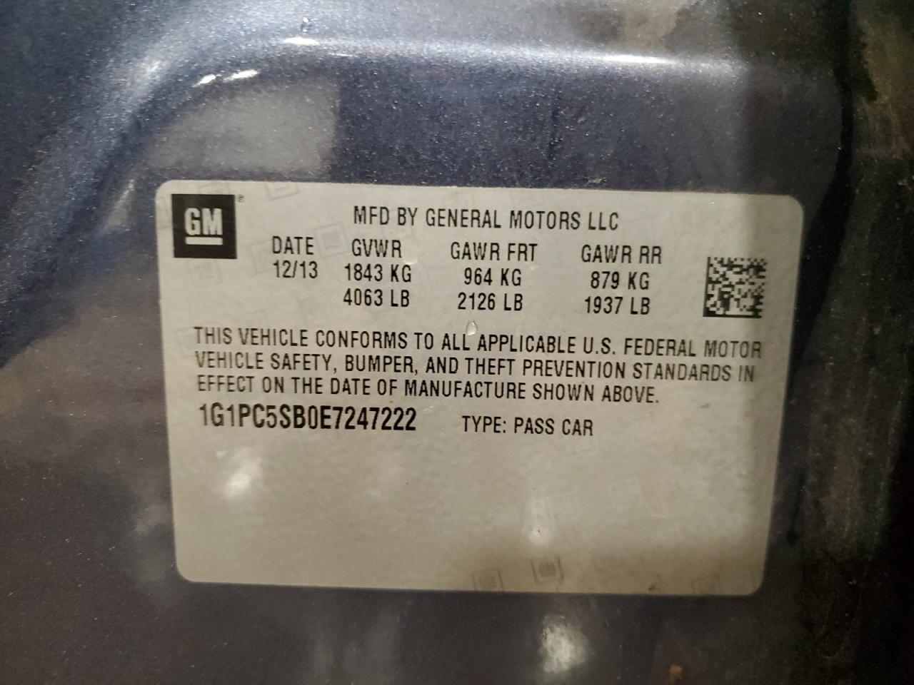 2014 Chevrolet Cruze VIN 1G1PC5SB0E7247222 Copart auction photo, front end damage thumbnail 12