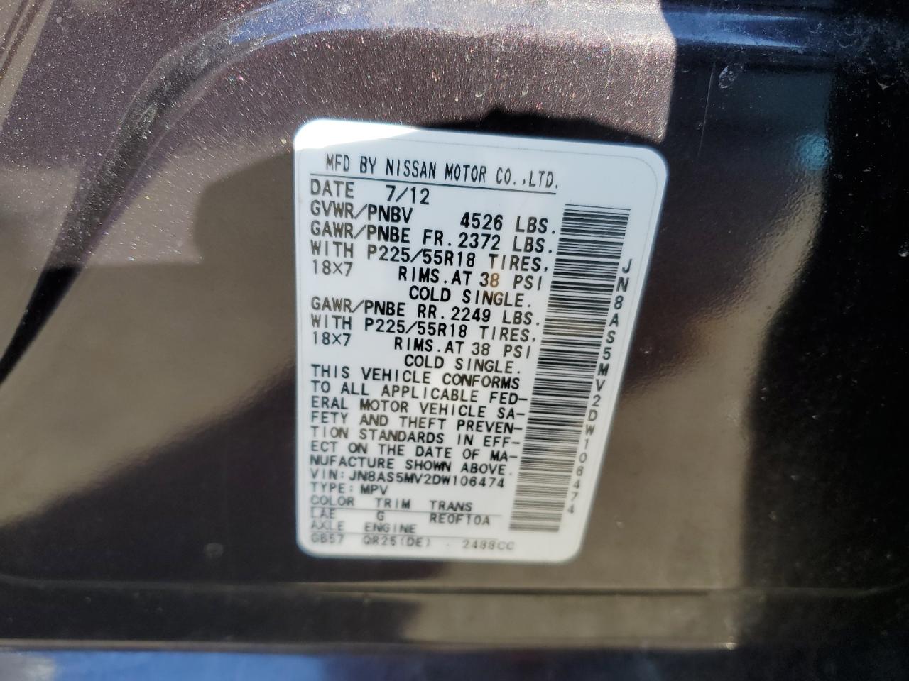 2013 Nissan Rogue VIN JN8AS5MV2DW106474 Copart auction photo, minor dent/scratches damage thumbnail 13