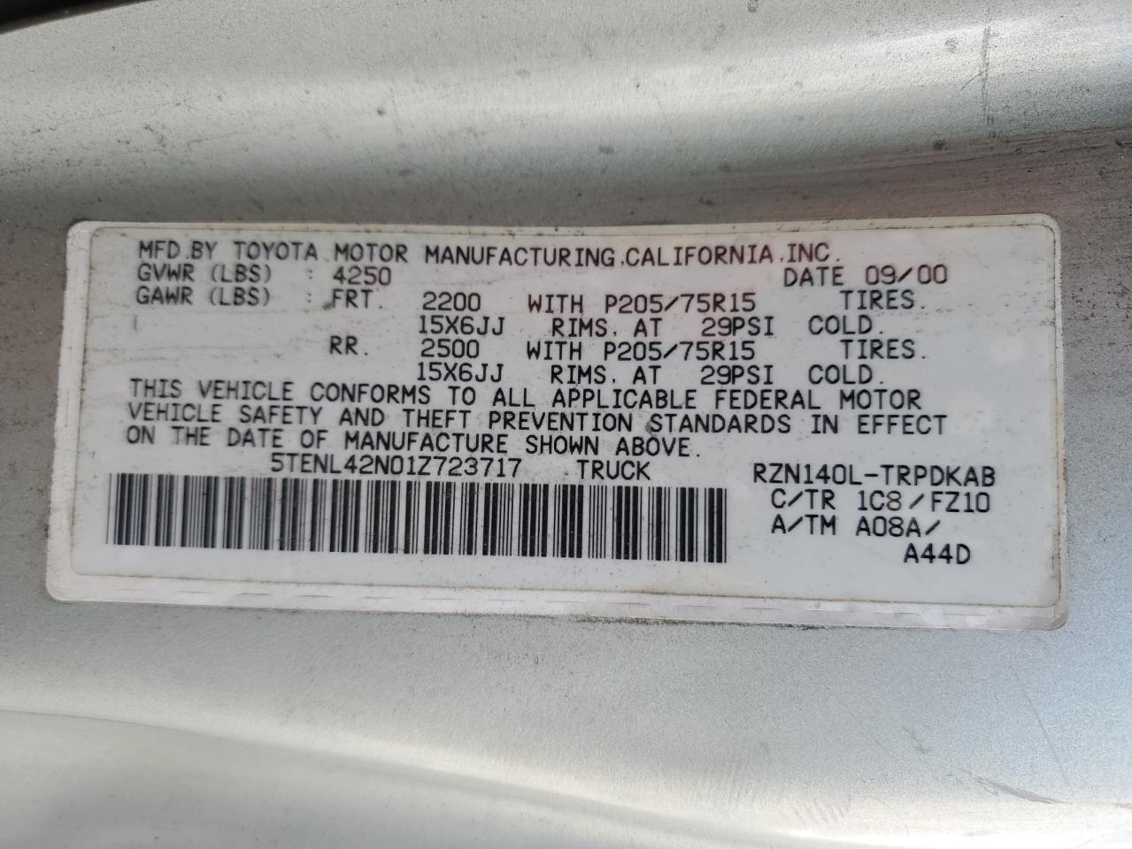 2001 Toyota Tacoma VIN 5TENL42N01Z723717 Copart auction photo, side damage thumbnail 12