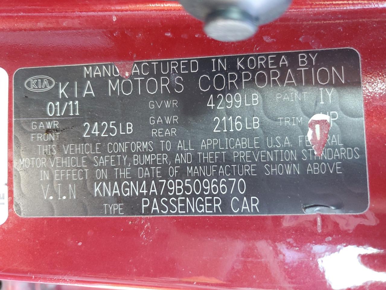 2011 KIA Optima VIN KNAGN4A79B5096670 Copart auction photo, front end damage thumbnail 13